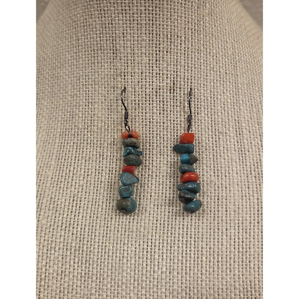 Vintage Southwestern Sterling Silver, Turquoise, &‎ Coral Dangle Earrings 925